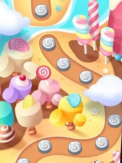 A candy landscape level map with lollipops, cupcakes and swirled sweets along a winding path in Candy Blast: Offline Game.