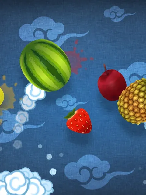 Fruit Ninja Classic+ in play: a watermelon, an apple, a strawberry and a pineapple thrown against a blue cloud background.