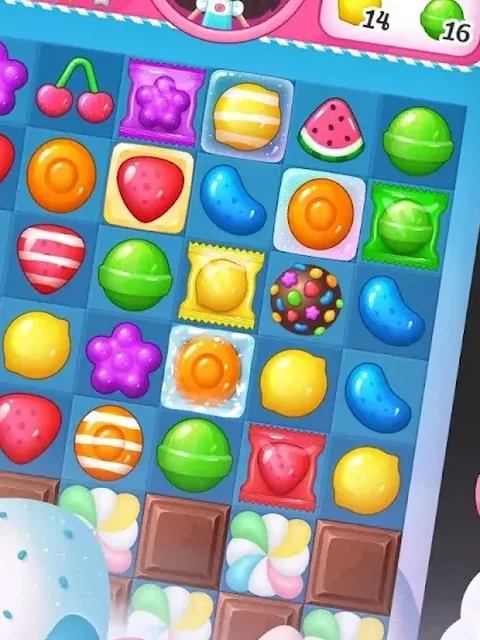 A Candy Blast: Offline Game board filled with wrapped sweets, jellies, lollipops and chocolate squares.